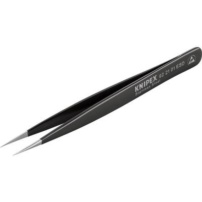 Schwarze Pinzette mit feiner Spitze, Aufschrift 'KNIPEX Stainless Steel 92 21 01 ESD', geeignet für präzise Arbeiten in Elektronik.