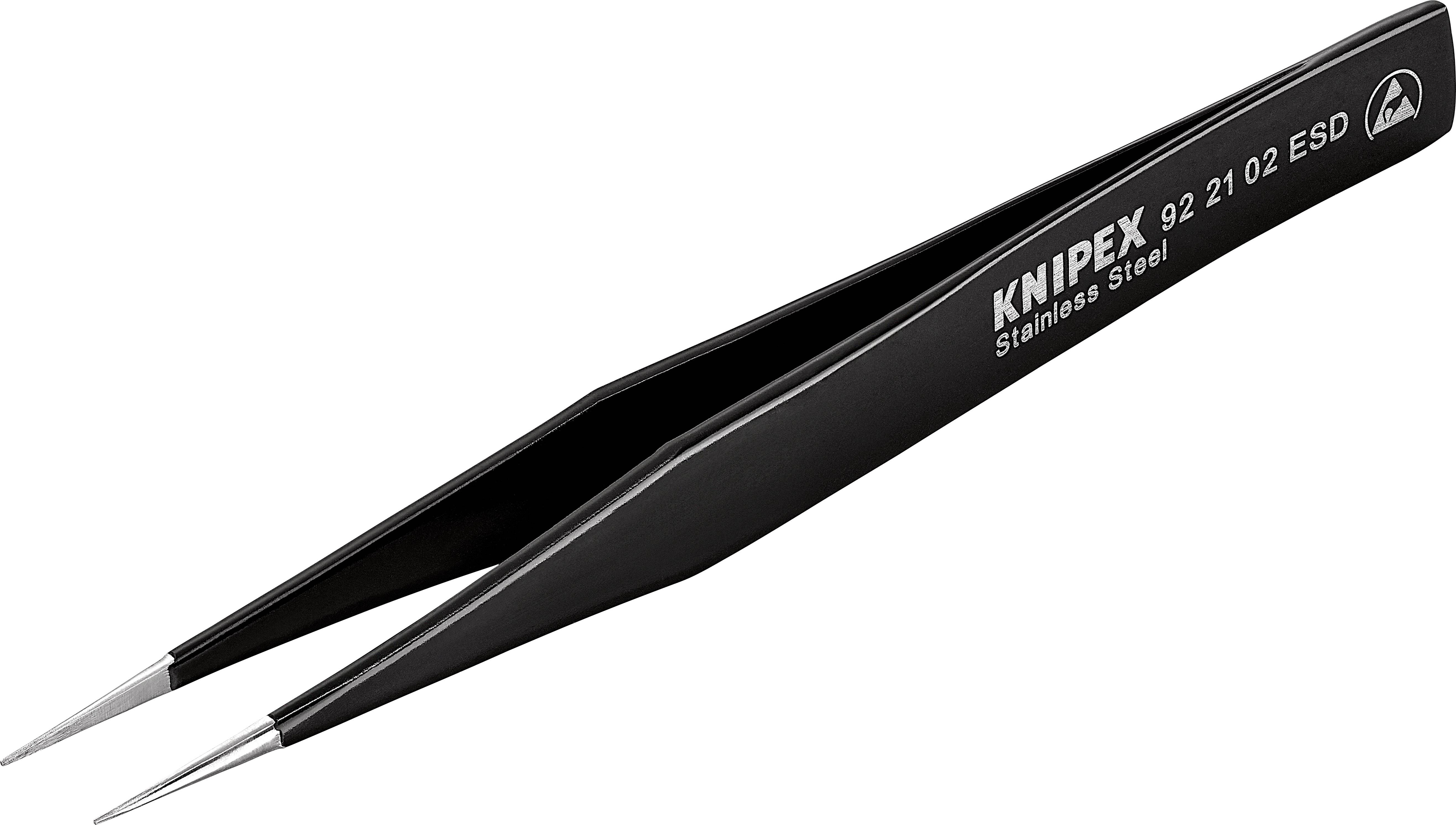 Schwarze Präzisionspinzette aus Edelstahl der Marke Knipex, Modellnummer 92 21 02 ESD, für empfindliche elektronische Arbeiten.