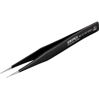 Schwarze Präzisionspinzette aus Edelstahl der Marke Knipex, Modellnummer 92 21 02 ESD, für empfindliche elektronische Arbeiten.