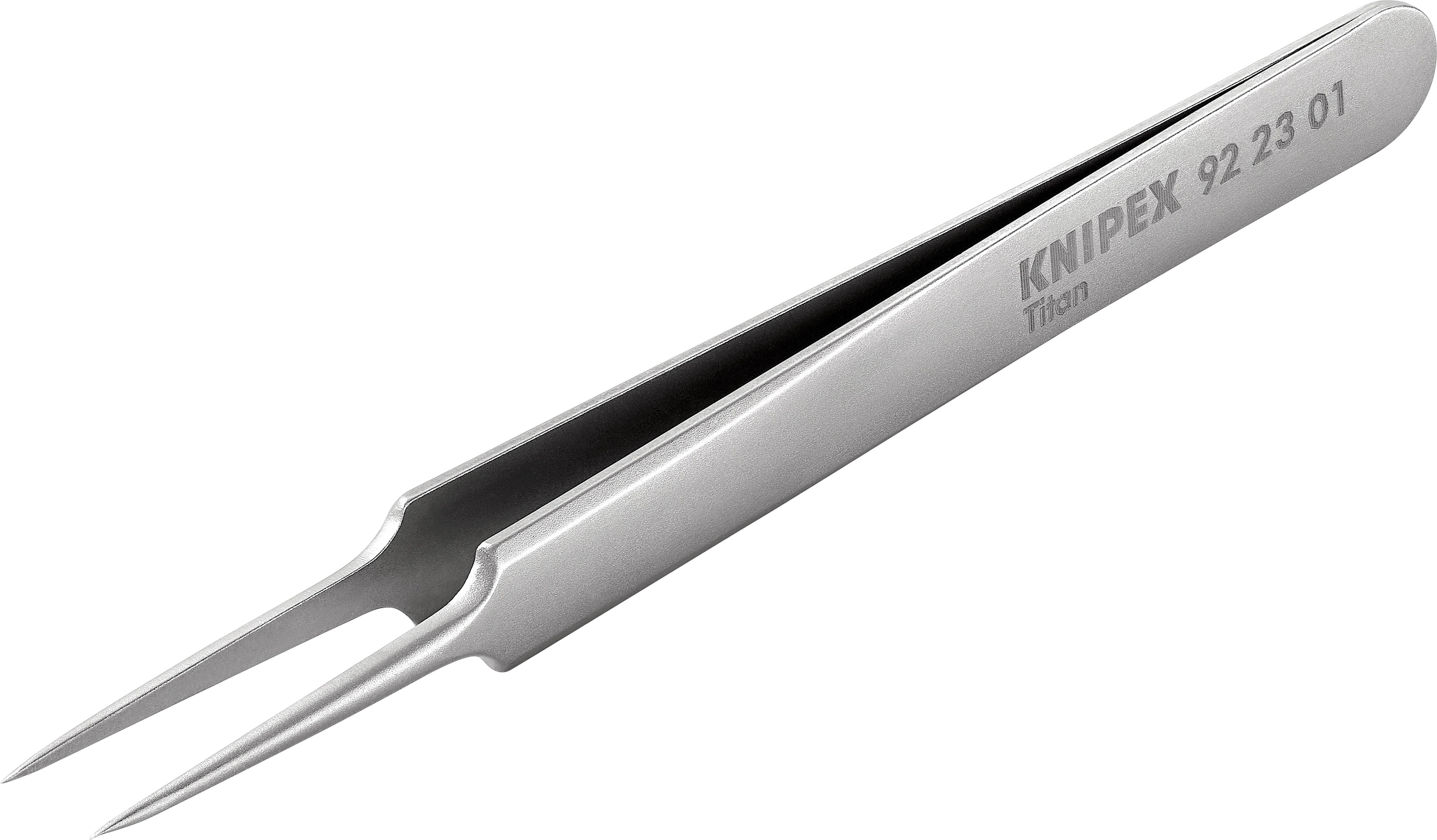 Metallpinzette mit der Aufschrift 'KNIPEX 92 23 01 Titan' auf der Seite.