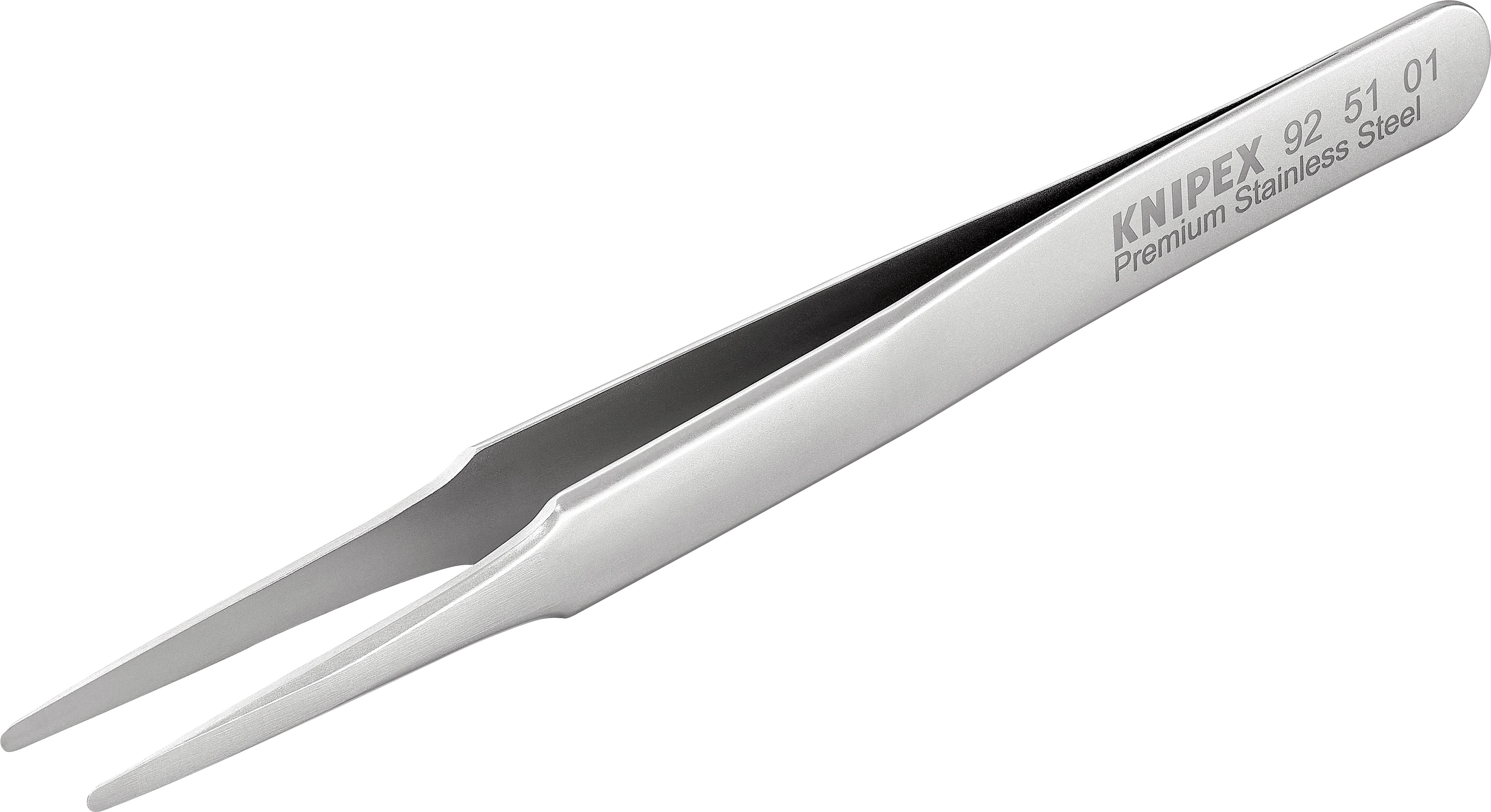 Silberne Präzisionspinzette aus Edelstahl mit schmalen Spitzen, geeignet für feine Arbeiten.