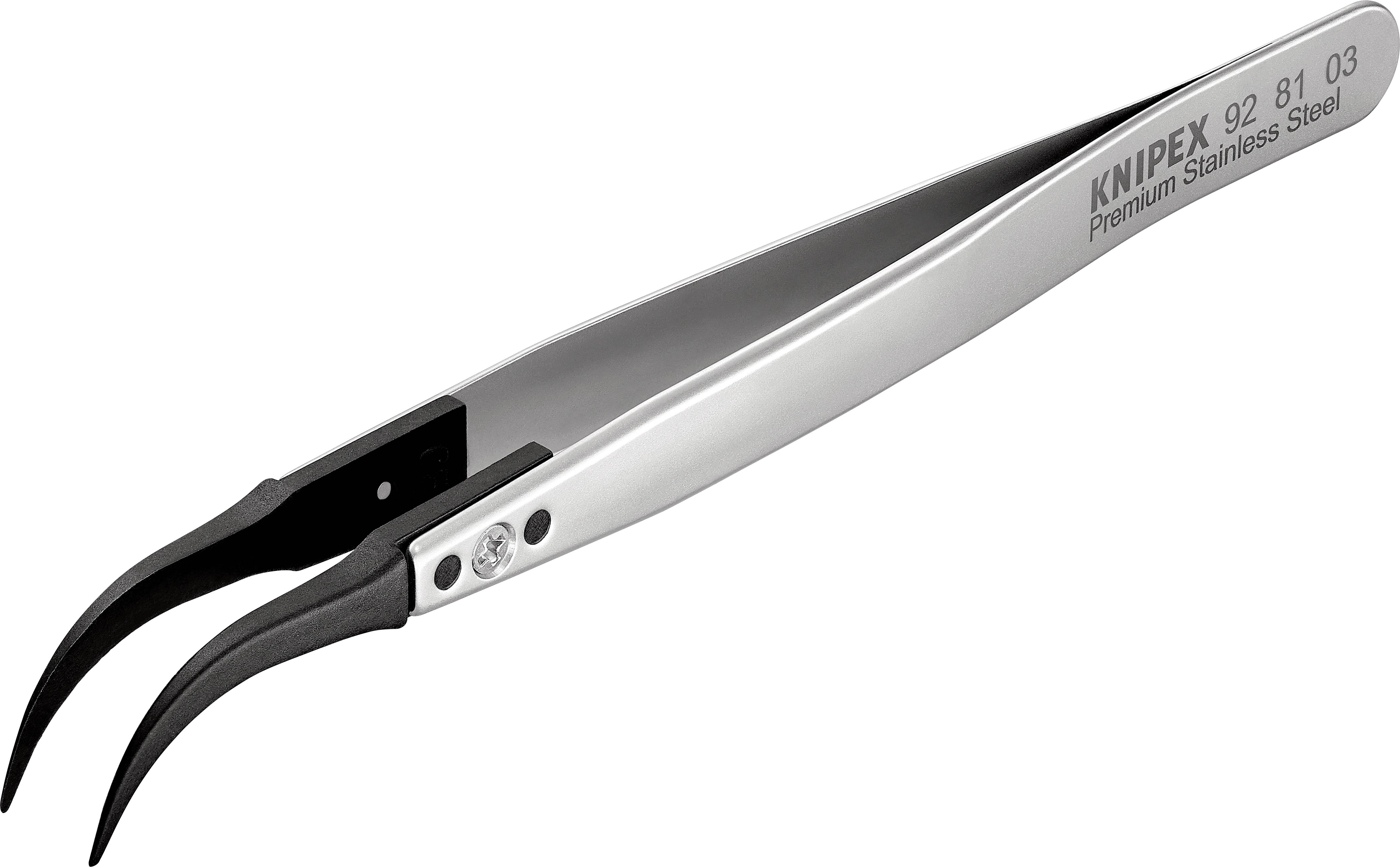 Eine silberne Präzisionspinzette aus rostfreiem Stahl mit gebogenen Spitzen. Geeignet für feine Arbeiten, wie in der Elektronik.