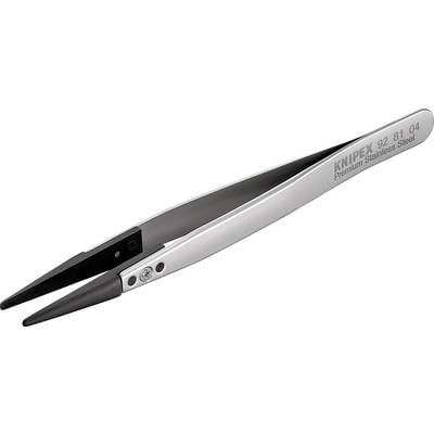 Eine silberne Präzisionspinzette mit schwarzer Spitze, markiert mit 'Knipex 92 81 04 Premium Stainless Steel', liegt auf hellem Hintergrund.
