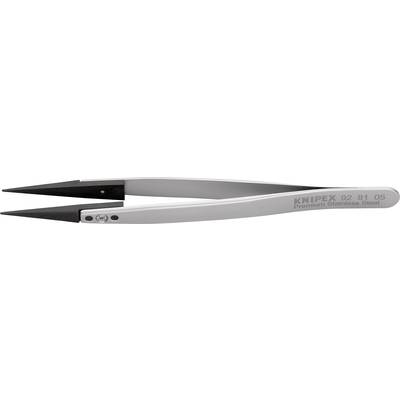 Eine gerade Pinzette aus Edelstahl mit schwarzen Spitzen und der Prägung 'KNIPEX 92 81 05 Premium Stainless Steel' auf der Seite.