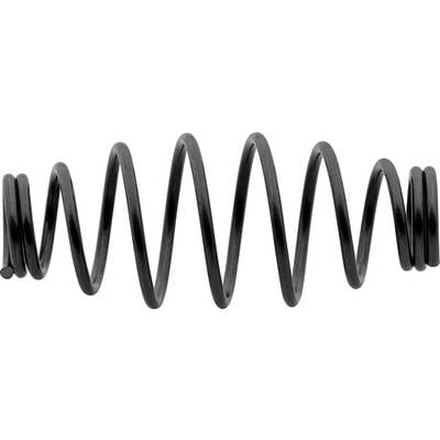 Eine schwarze spiralförmige Feder, die in einer Wellenform gebogen ist, gegen einen weißen Hintergrund.