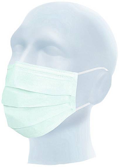 Eine einfarbige, hellblaue medizinische Gesichtsmaske wird an einem Modellkopf gezeigt, zeigt Tragedesign und Ohrschlaufen.