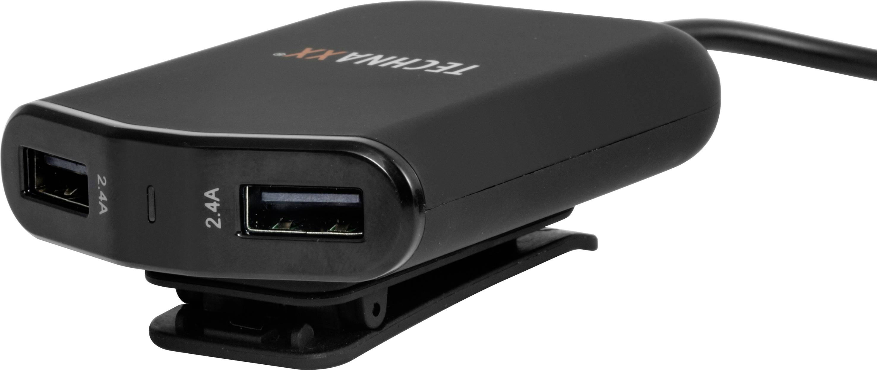 USB-Ladegerät mit zwei Anschlüssen, etikettiert als '2.4A'. Geeignet zum gleichzeitigen Laden mehrerer Geräte.