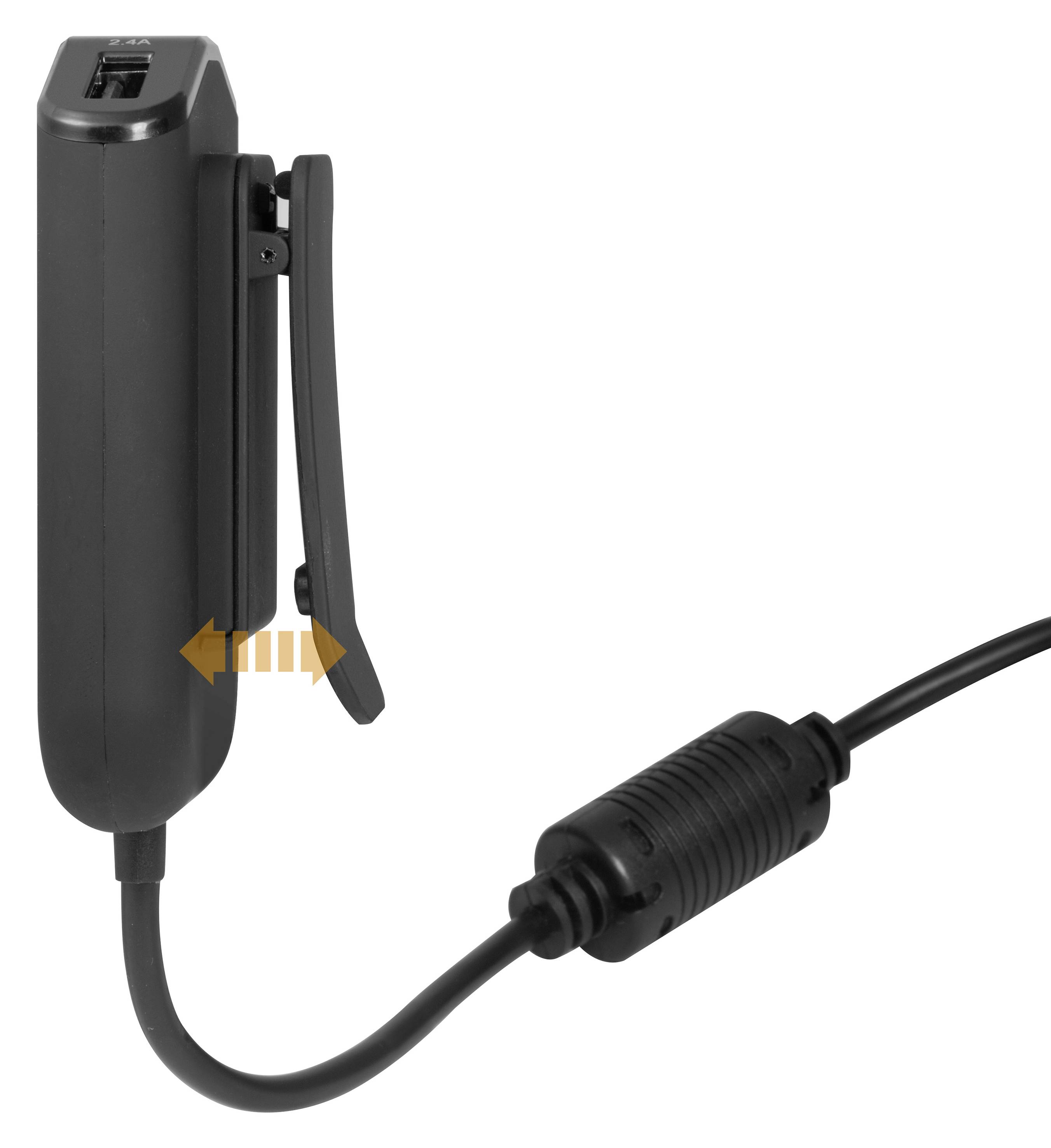 Ein schwarzer USB-Adapter mit Clip-Halterung und Kabel, ideal zur Befestigung an Kleidung oder Taschen für den mobilen Einsatz.
