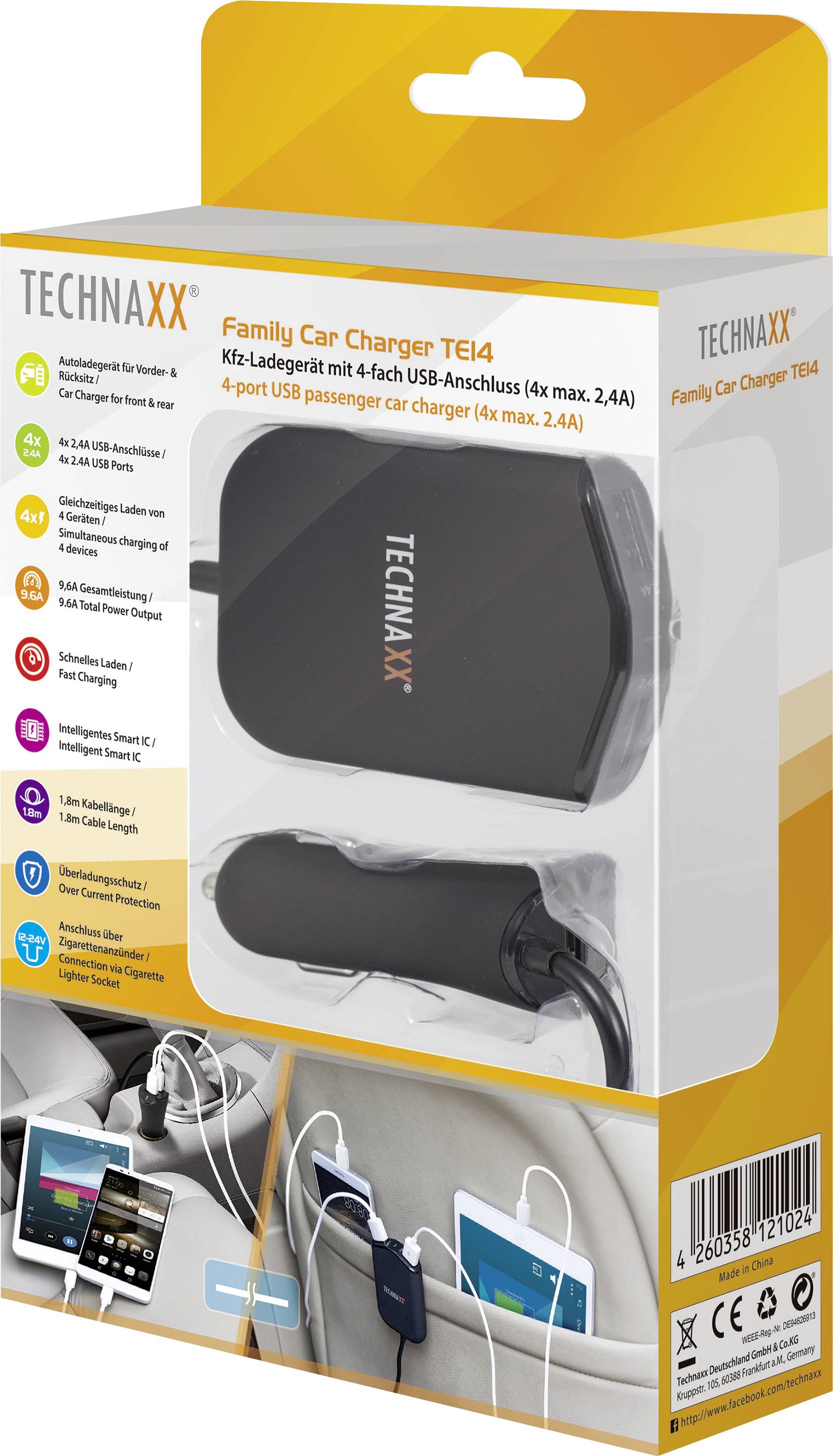 'Technaxx Family Car Charger TE14': Ladegerät für Autos mit 4 USB-Anschlüssen, geeignet für Tablets und Smartphones. Enthält Kabel.