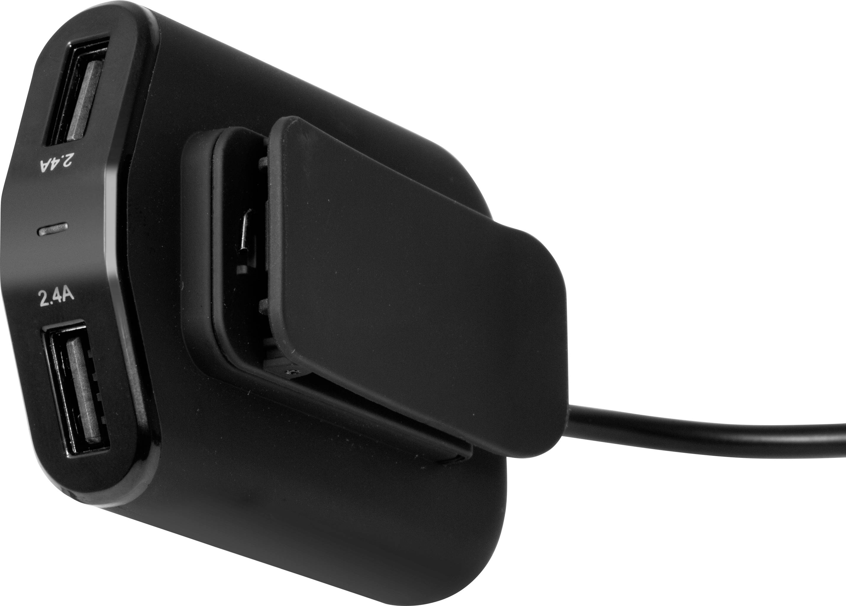 Schwarzes USB-Ladegerät mit zwei Anschlüssen, jeder mit einer Leistung von 2,4 A, und einem daran befestigten Kabel.
