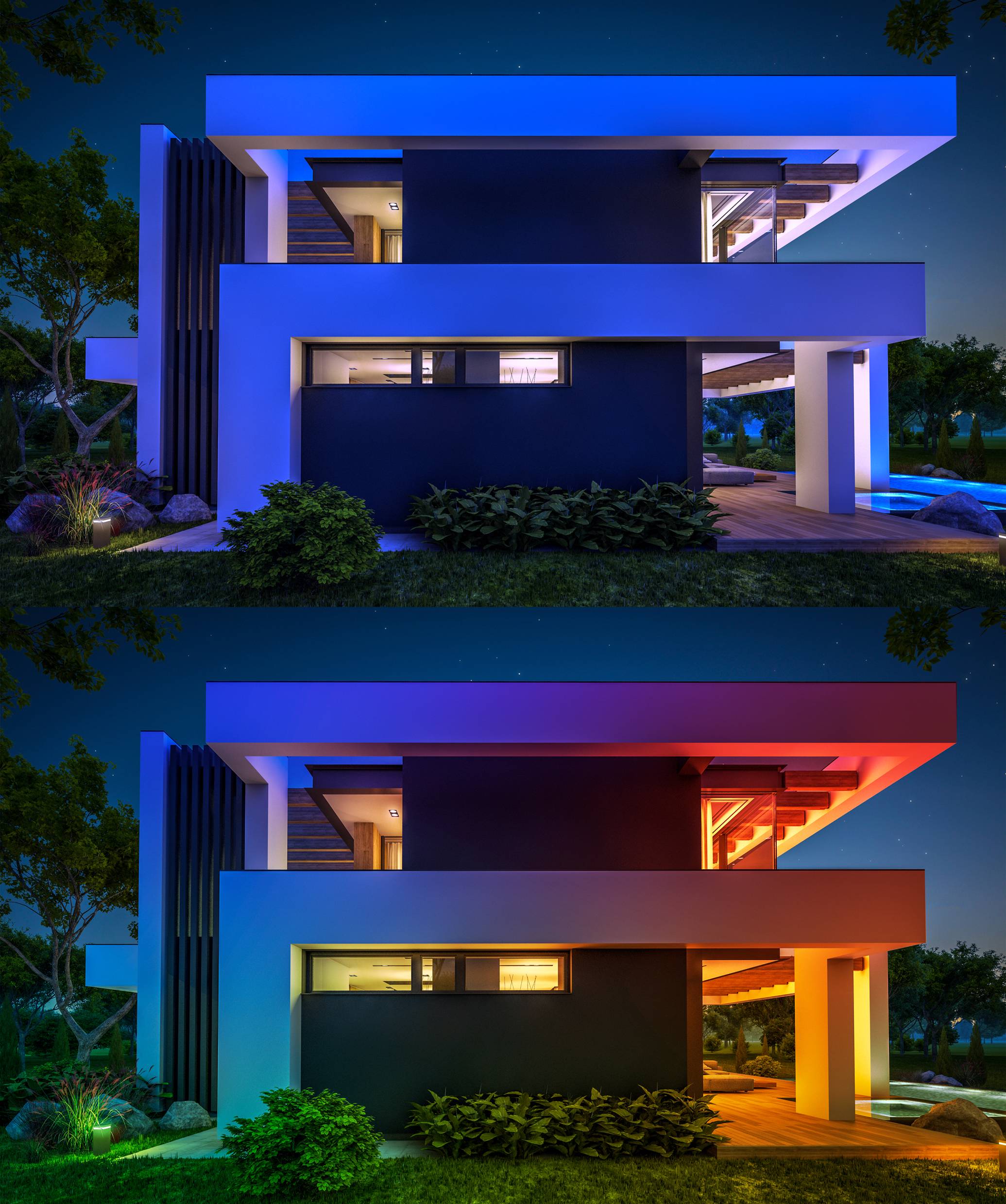 'Modernes zweistöckiges Haus bei Nacht, oben blau beleuchtet, unten warm beleuchtet, umgeben von Bäumen und Gartenbeleuchtung.'