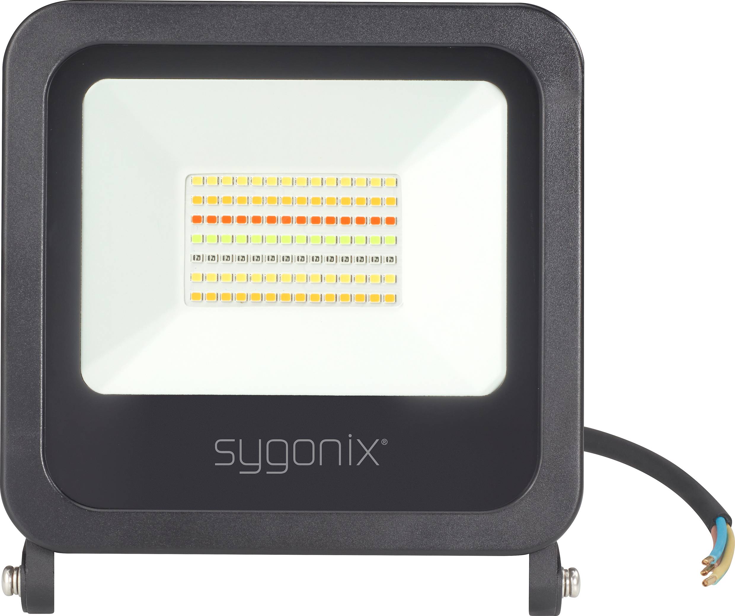 Ein rechteckiger LED-Fluter von Sygonix, schwarz, mit mehreren LED-Reihen, geeignet für Außenbeleuchtung. Kabelanschluss an der rechten Seite.