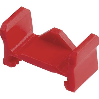 Rotes Plastikteilstück mit rechteckiger Form, das als elektrischer Verbinder oder Abdeckung verwendet werden könnte.