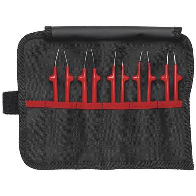 Schwarzes Etui mit sechs roten Werkzeugen, wahrscheinlich Pinzetten, in separaten, roten Schlaufen, aufgerollt und geöffnet gezeigt.