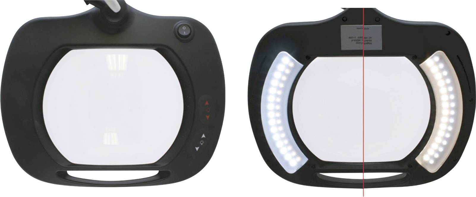 Zwei nebeneinanderliegende Lupenleuchten: links ausgeschaltet, rechts eingeschaltet mit LED-Licht auf beiden Seiten des Glases.