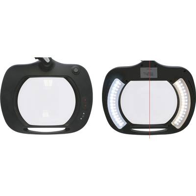 Zwei nebeneinanderliegende Lupenleuchten: links ausgeschaltet, rechts eingeschaltet mit LED-Licht auf beiden Seiten des Glases.
