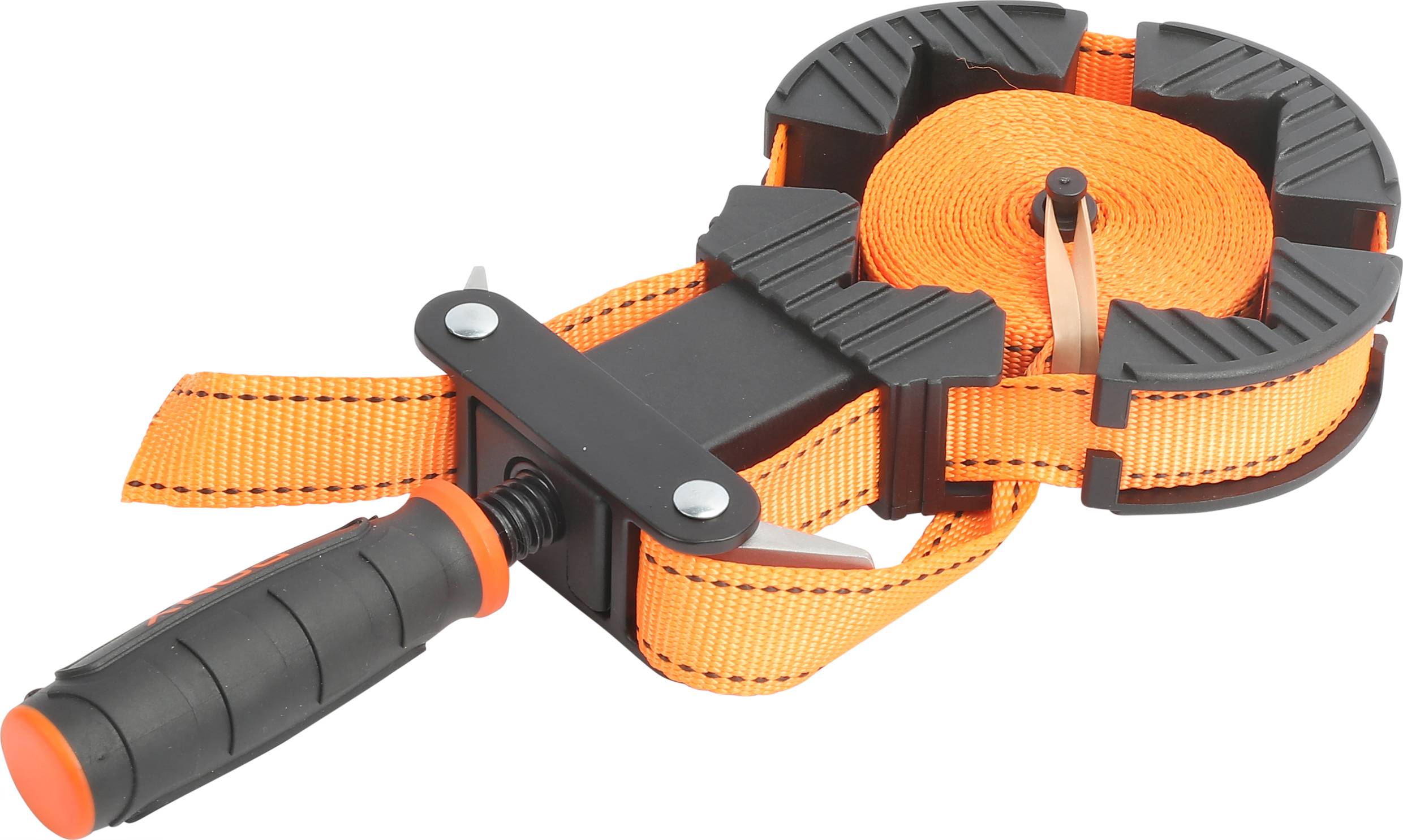 Orange Spanngurt mit Ratschenmechanismus und ergonomischem Griff, geeignet zum Sichern von Gegenständen beim Transport.