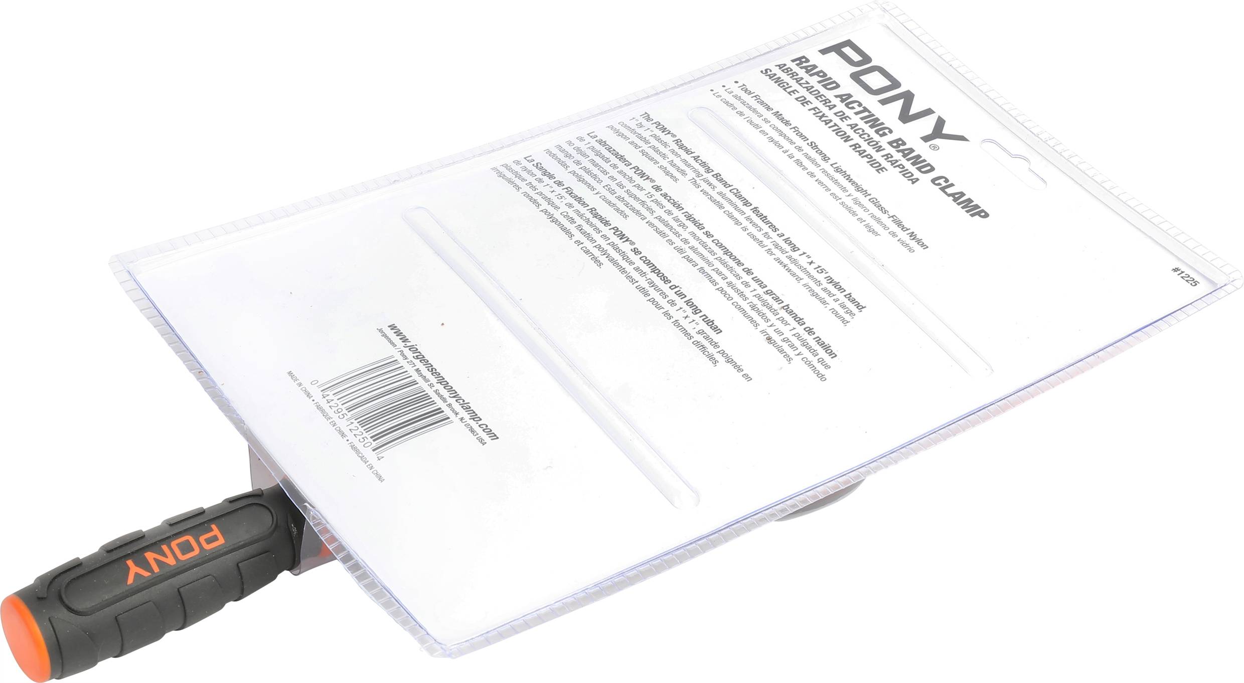 Eine Verpackung mit Griff und der Aufschrift 'Pony'. Enthält eine Beschreibung des darin enthaltenen Werkzeugs, einem Spannbügel.