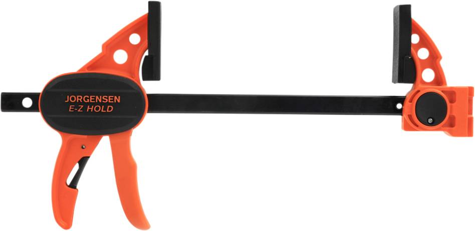 Eine orangefarbene Jorgensen E-Z Hold Klemme mit schwarzem Spannbalken und Griff, ideal zum Halten und Fixieren von Werkstücken.