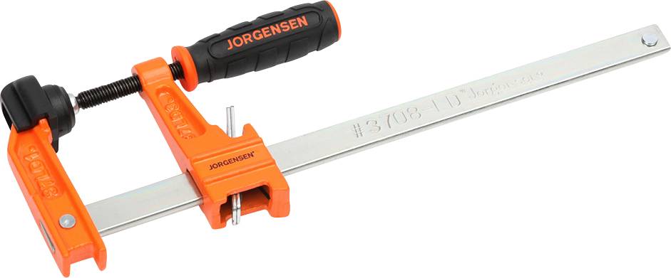 'Jorgensen Metallschraubzwinge mit orangefarbenem Griff und Stange. Werkzeug zum Fixieren und Halten von Materialien.'
