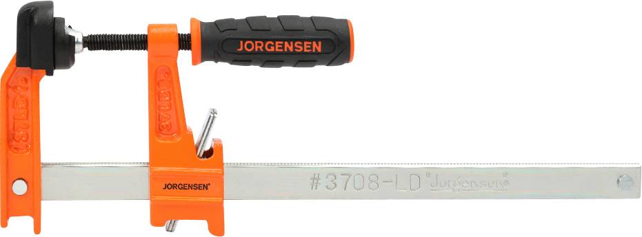 Eine orange Klemme der Marke Jorgensen mit schwarzem Griff. Modellnummer '#3708-I-D' auf der Metallstange eingraviert.