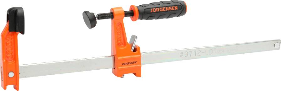 Eine orange Schraubzwinge von Jorgensen auf weißem Hintergrund, bestehend aus einem Metallbalken und einem schwarzen Griff.