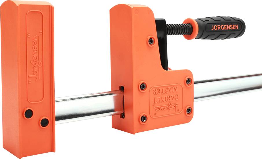 Eine orange Jorgensen Schraubzwinge mit schwarzem Griff, geeignet für das Halten von Werkstücken in der Holzbearbeitung.