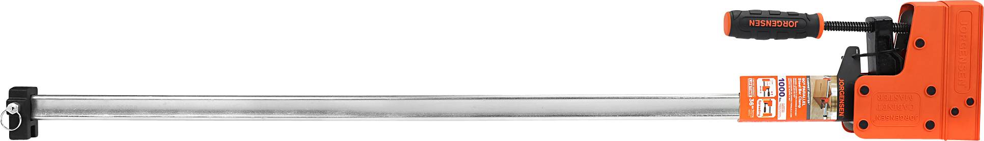 Ein langer, oranger Schraubzwinge mit einem schwarzen Griff und einem Metallschieber, geeignet für Holzarbeiten oder Bastelprojekte.