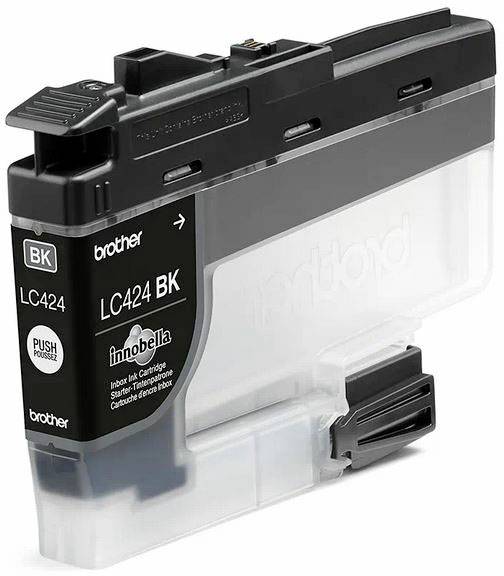 Schwarze Tintenpatrone mit der Aufschrift 'LC424 BK' und 'brother'. Oben befindet sich ein Peilsymbol.