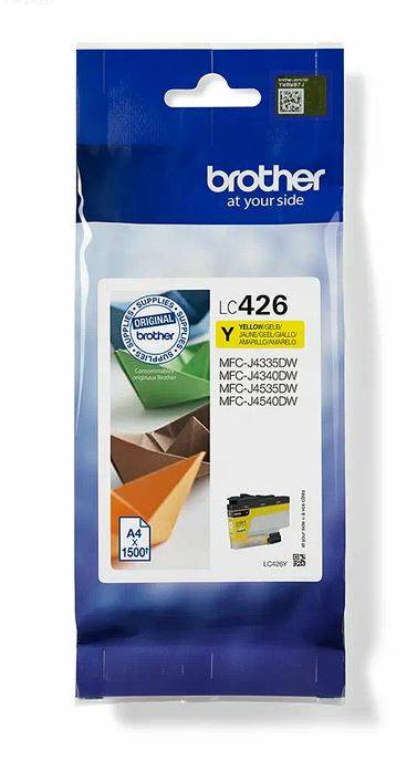 'Verpackung einer Brother LC426Y Tintenpatrone in Gelb, kompatibel mit MFC-J4335DW, MFC-J4340DW, MFC-J4540DW Druckern, Reichweite: 1500 Seiten.'