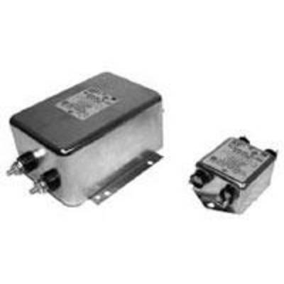 Ein rechteckiger elektrischer Bauteil, möglicherweise ein Entstörfilter, mit metallischem Gehäuse und Beschriftung oben.