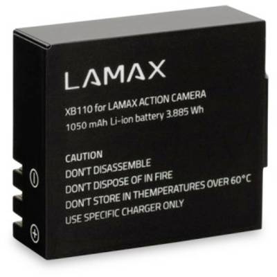 Schwarzer Akku für LAMAX Action-Kamera, Modell XB110. Kapazität 1050 mAh, 3,885 Wh. Warnungen: Nicht zerlegen, nicht ins Feuer werfen.