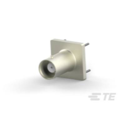 Metallener Steckverbinder mit quadratischer Basis und zwei langen Stiften auf der Rückseite. Schräggesicht von vorne rechts sichtbar.