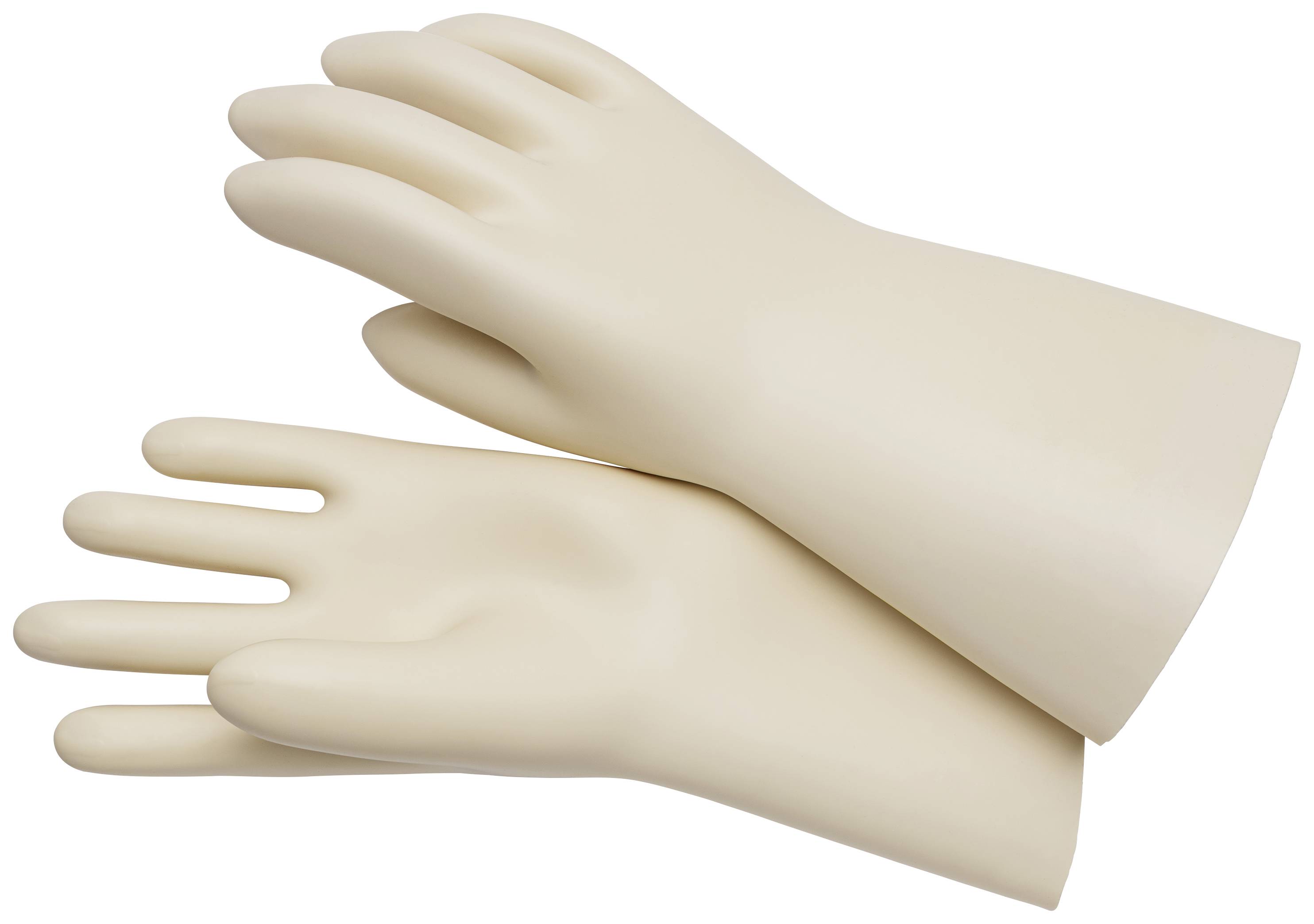 Zwei beige Latexhandschuhe, übereinandergelegt, auf einem weißen Hintergrund.
