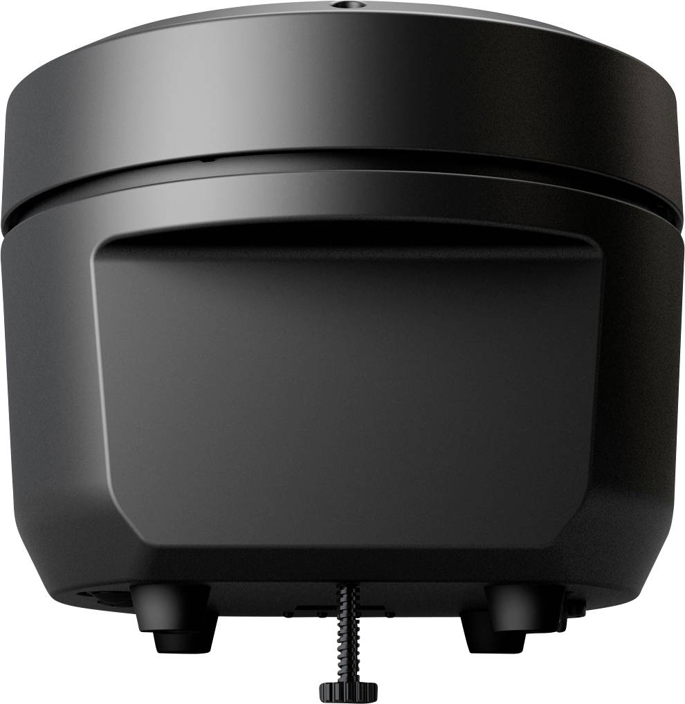 Ein schwarzes, rundes Gerät mit einer Schraube an der Unterseite, möglicherweise ein technisches Gerät oder eine Komponente.