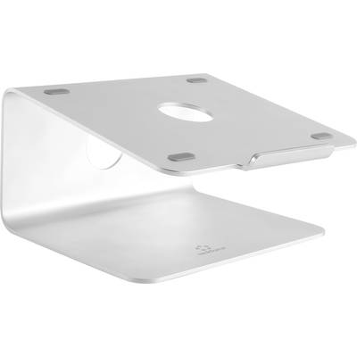 Ein silberner Laptop-Ständer aus Metall mit einem abgerundeten Design, einer großen runden Aussparung oben und rutschfesten Pads.