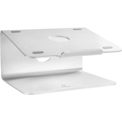 Ein ergonomischer, silberner Laptop-Ständer aus Metall mit minimalistischem Design und Kabeldurchführungsloch. Geeignet für Bürotische.