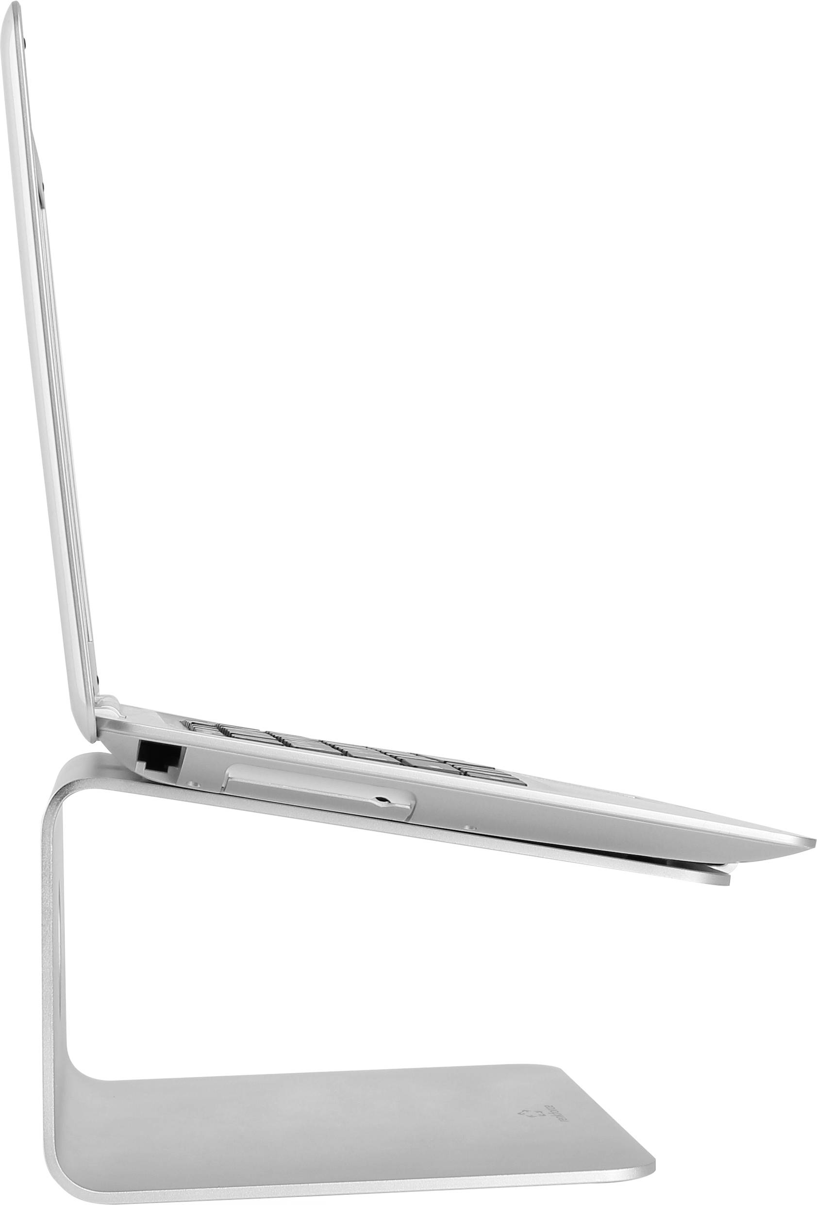 'Ein silberner Laptop steht geöffnet auf einem modernen, minimalistischen Laptopständer, der den Bildschirm auf Augenhöhe hebt.'