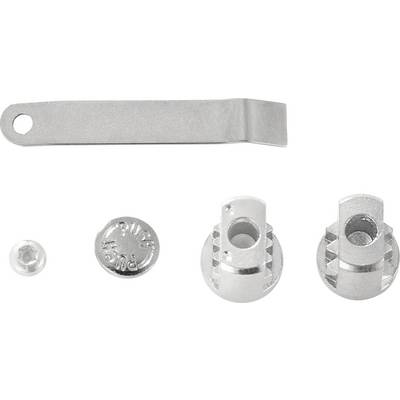 'Hardware-Satz mit Metallteilen: Klammer, zwei Zylinderhalterungen, Schraube und Münze für Möbel- oder Geräteteile.'