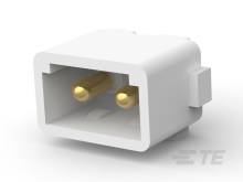 Weißer Adapter mit zwei goldfarbenen Stiften in einem rechteckigen Gehäuse, dient zur elektrischen Verbindung.