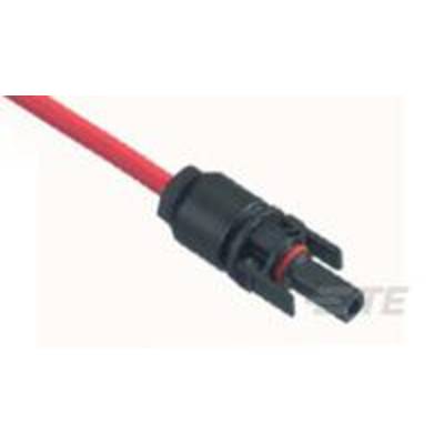 Ein rotes Elektrokabel mit einem schwarzen Stecker, typischerweise für Verbindungen in der Elektronik verwendet.