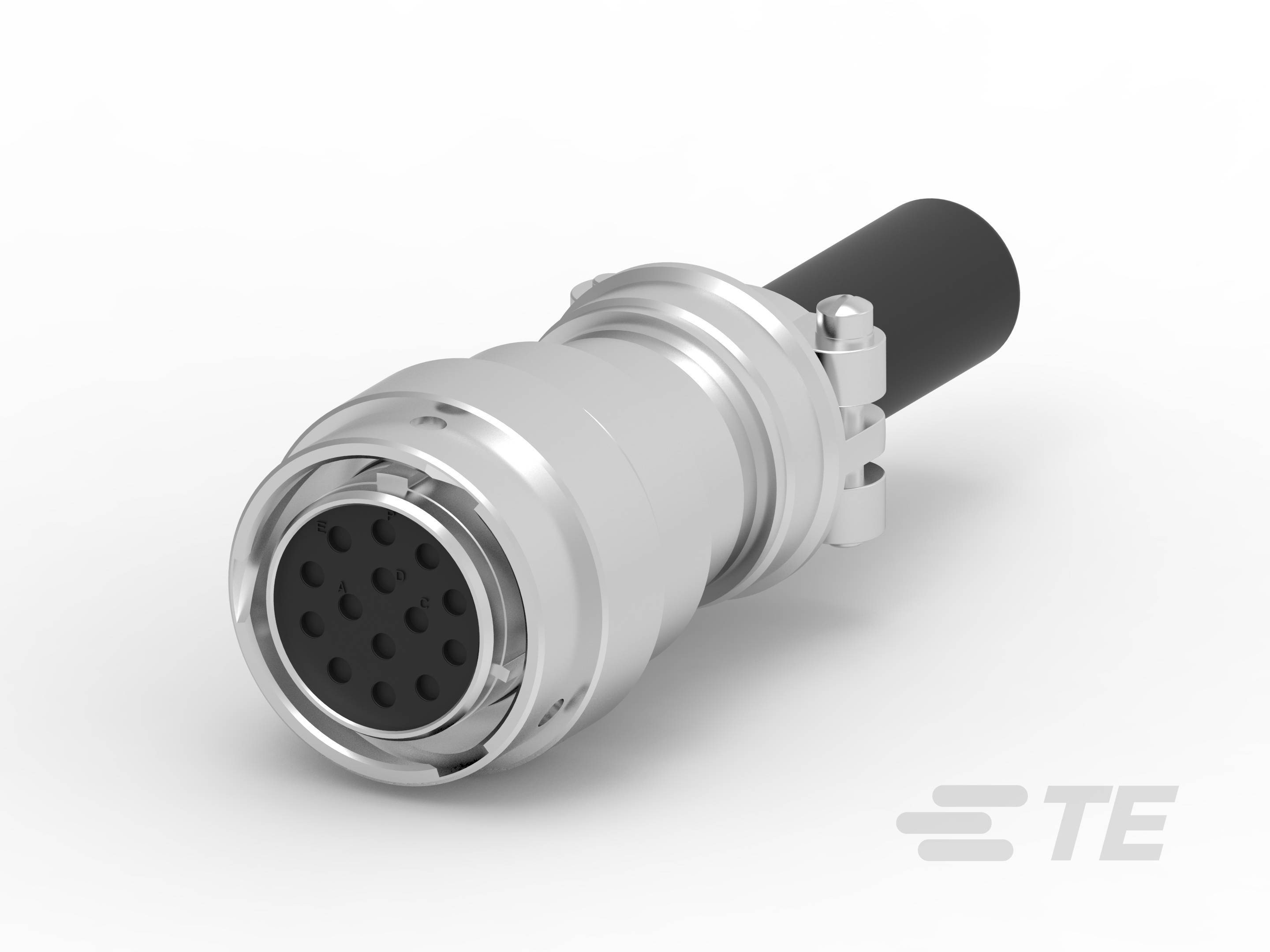 Ein metallischer, zylindrischer 14-poliger Stecker mit schwarzem Kunststoffende, vermutlich für industrielle oder spezialisierte Anwendungen.