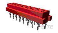 Ein roter Steckverbinder für elektronische Bauteile, rechteckig, mit mehreren Metallpins auf der Unterseite für den elektrischen Anschluss.