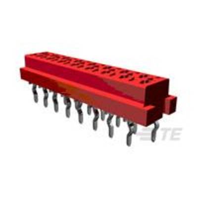 Ein roter Steckverbinder für elektronische Bauteile, rechteckig, mit mehreren Metallpins auf der Unterseite für den elektrischen Anschluss.