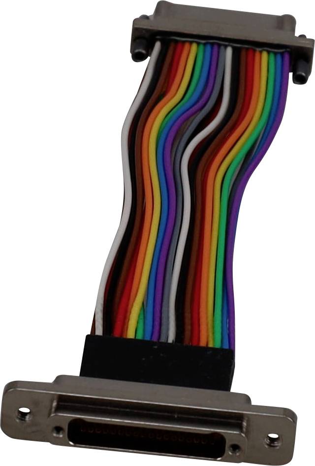 Buntes Flachbandkabel mit mehreren Leitungen, die an zwei rechteckige Steckverbinder angeschlossen sind.