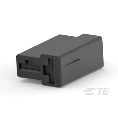 Ein schwarzer rechteckiger Kunststoffstecker mit zwei parallelen Verbindungsschlitzen, markiert mit dem Logo eines Unternehmens.
