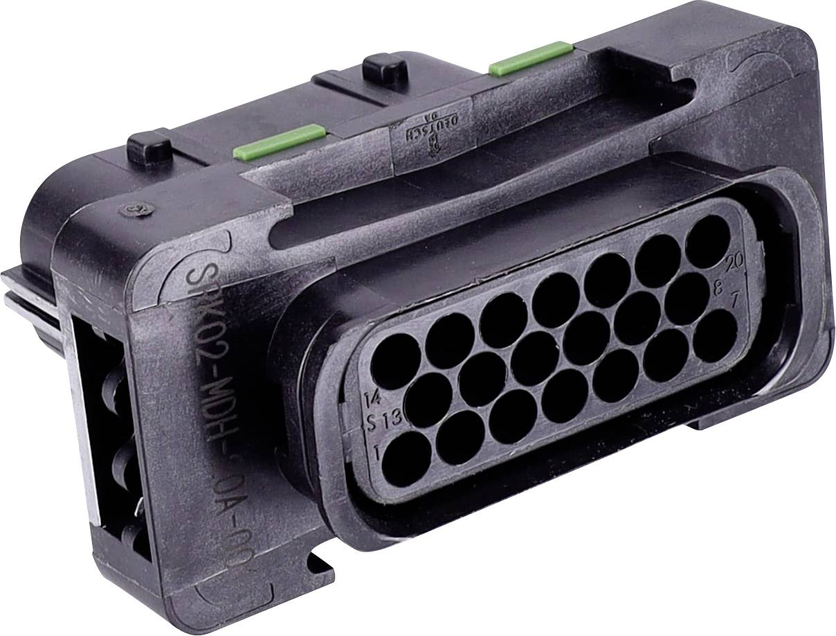 Ein Kunststoff-Elektroverbinder mit zahlreichen Anschlüssen, der typischerweise in Automobil- oder Maschinenbauanwendungen verwendet wird.
