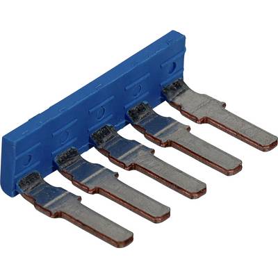 Ein blauer elektrischer Terminalanschluss mit fünf in einer Reihe angeordneten Metallstiften, der zum Verbinden von Drähten in elektrischen Schaltkreisen verwendet wird.