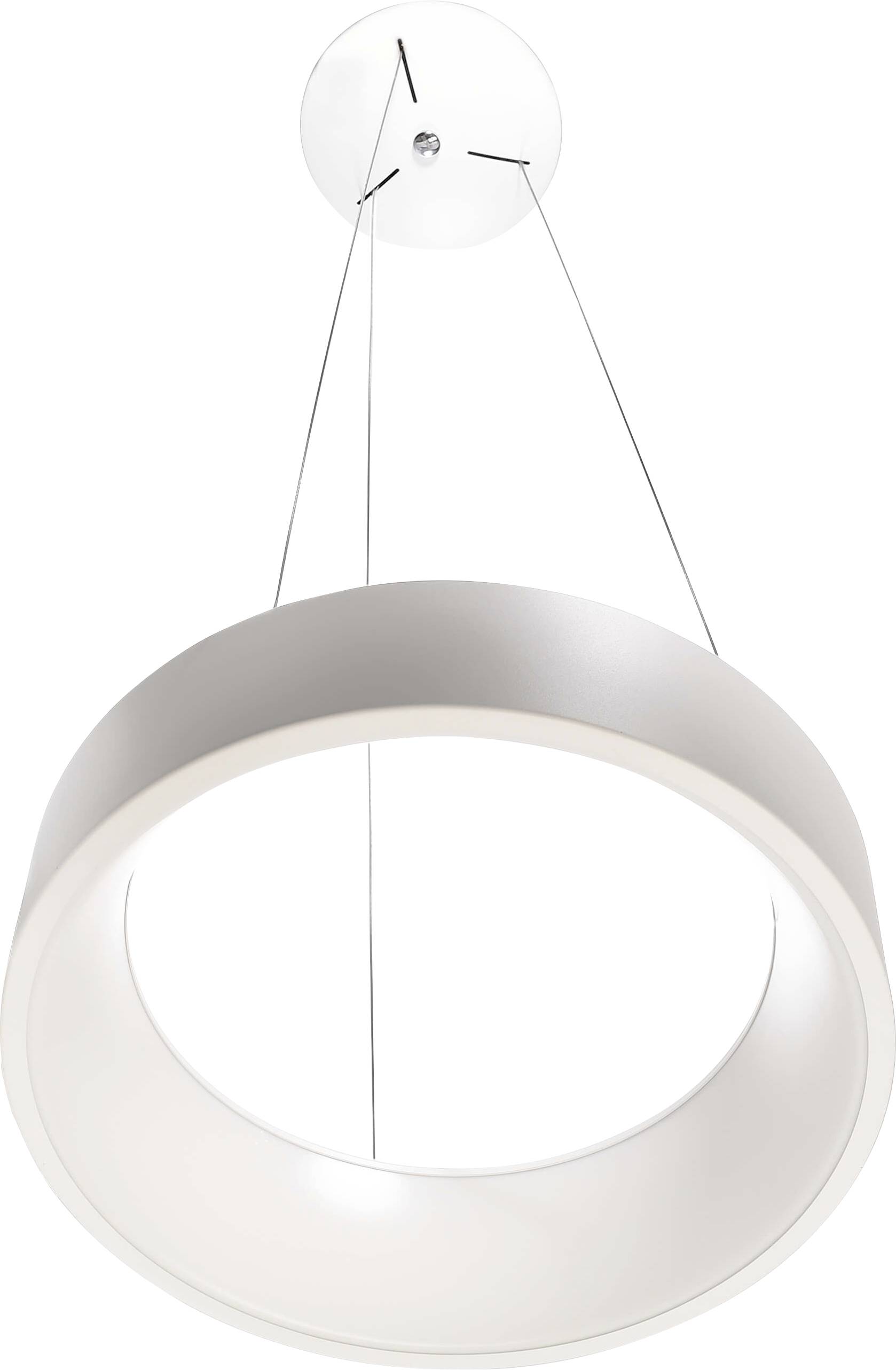 Runde, moderne Hängelampe mit weißem Ringdesign, hängt an vier dünnen Drähten von der Decke. Minimalistischer Stil.