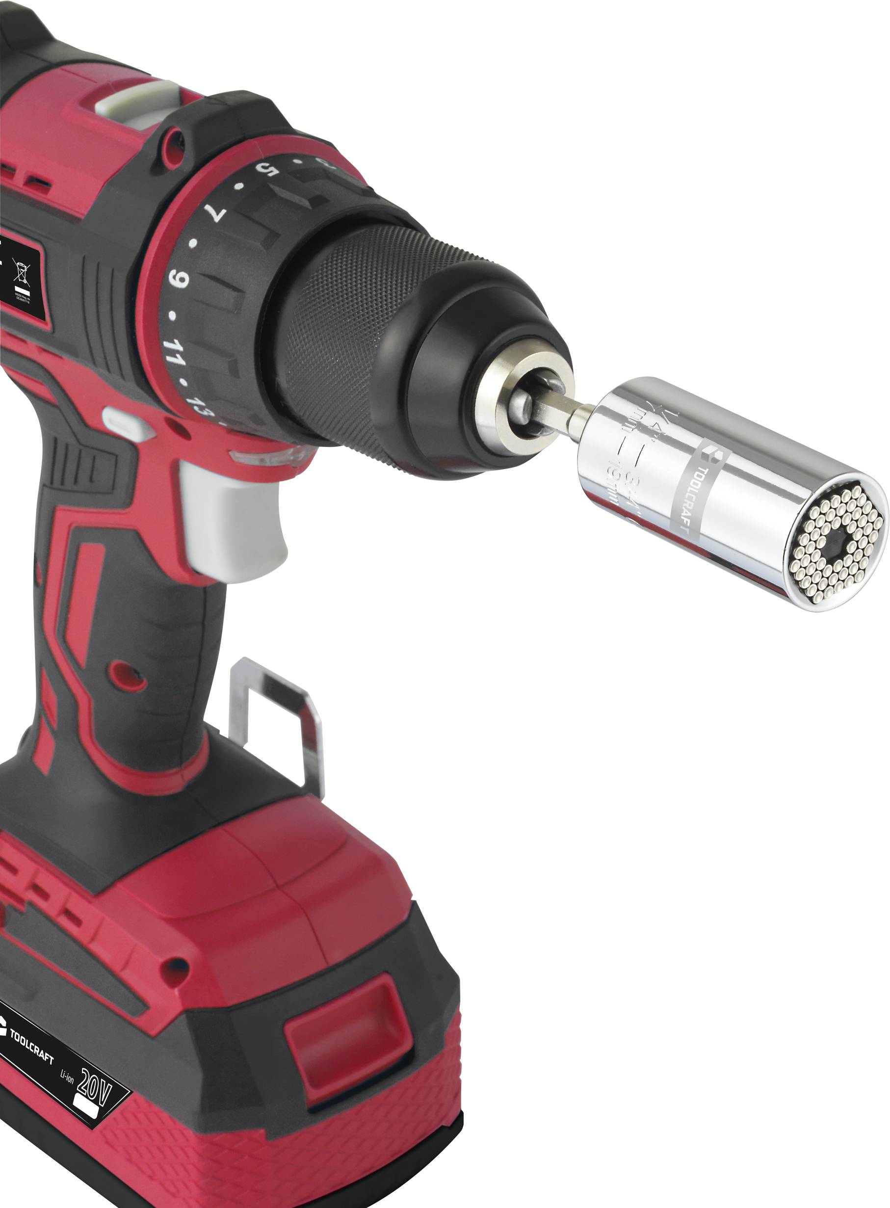 Akkubohrer mit Universalsteckschlüsselaufsatz, geeignet zum Lösen und Anziehen verschiedener Schrauben und Muttern.